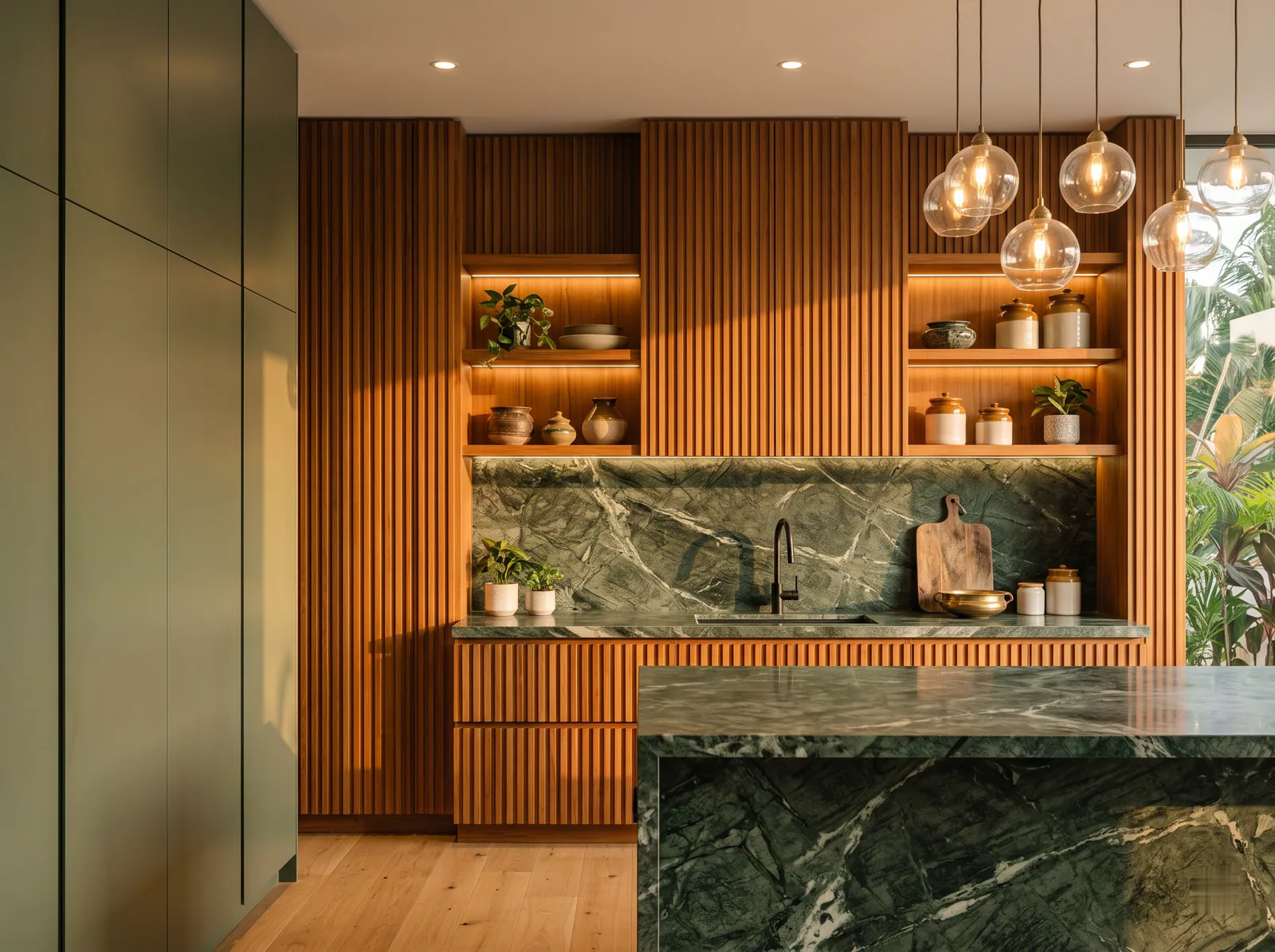 A modern Kerala-inspired kitchen with sage-green cabinets, fluted wood panels and green marble