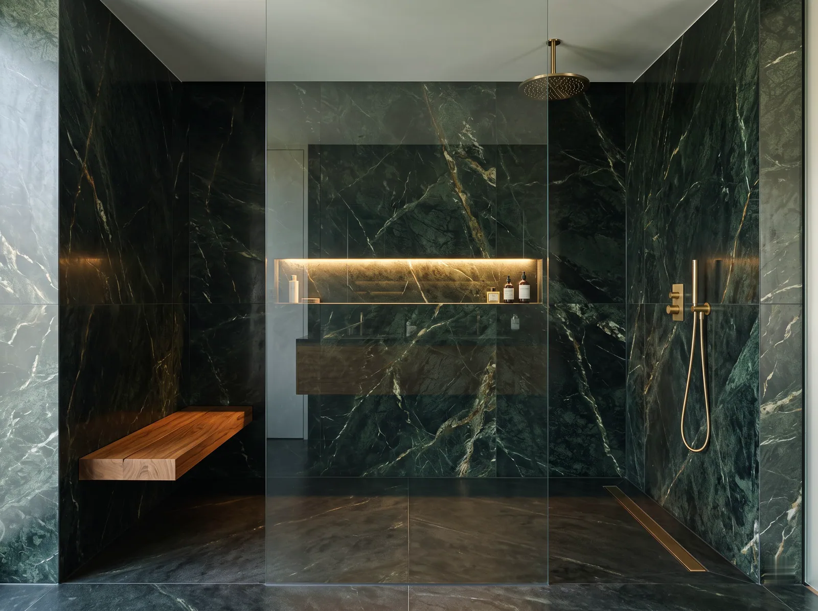 The Wet-Room Shower: Frameless glass, green marble and a ceiling rain shower.