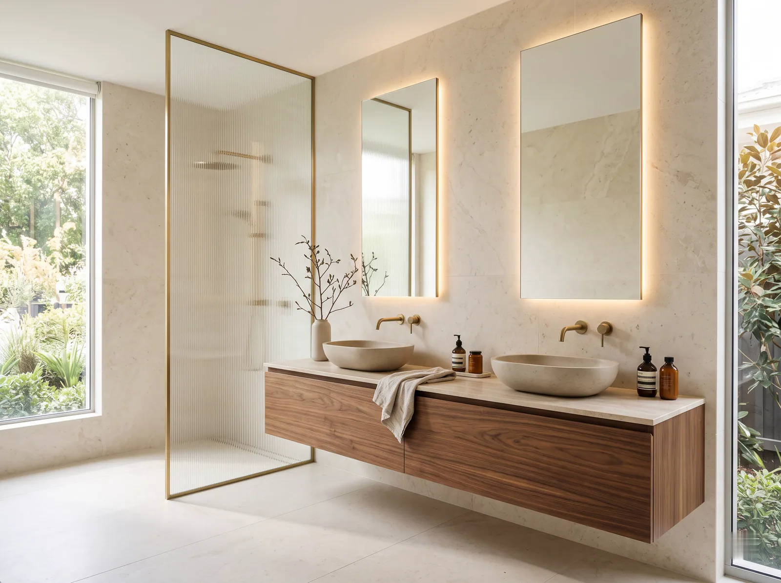 The Twin-Vanity Bath: Two basins and two mirrors, with a walk-in shower behind fluted glass.