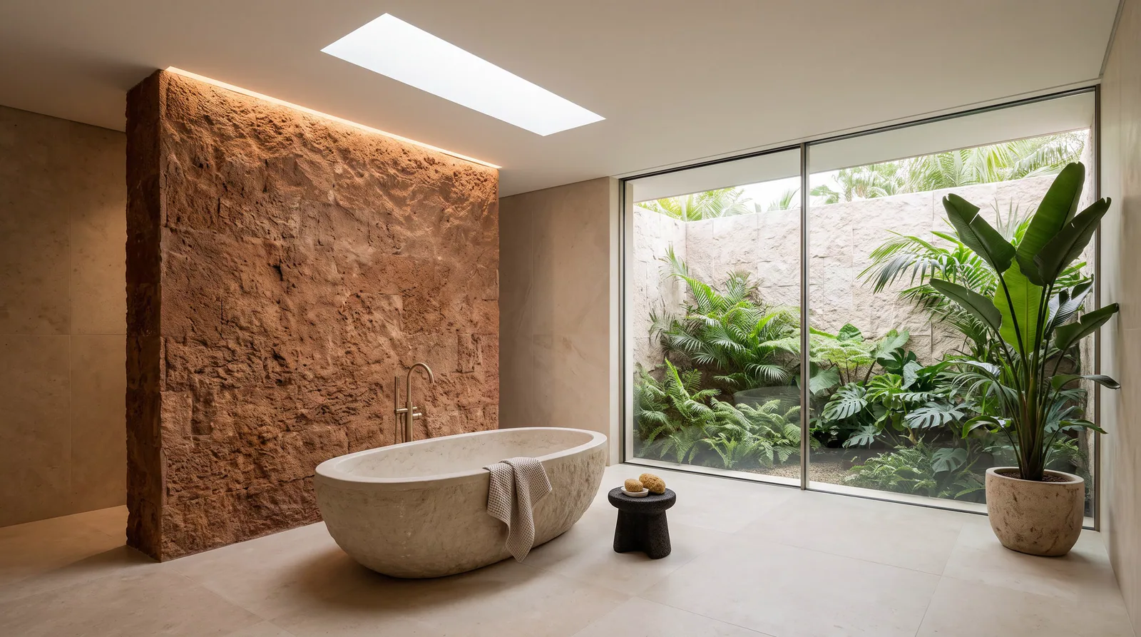Spa bathroom with a stone bathtub, a skylight and a laterite feature wall