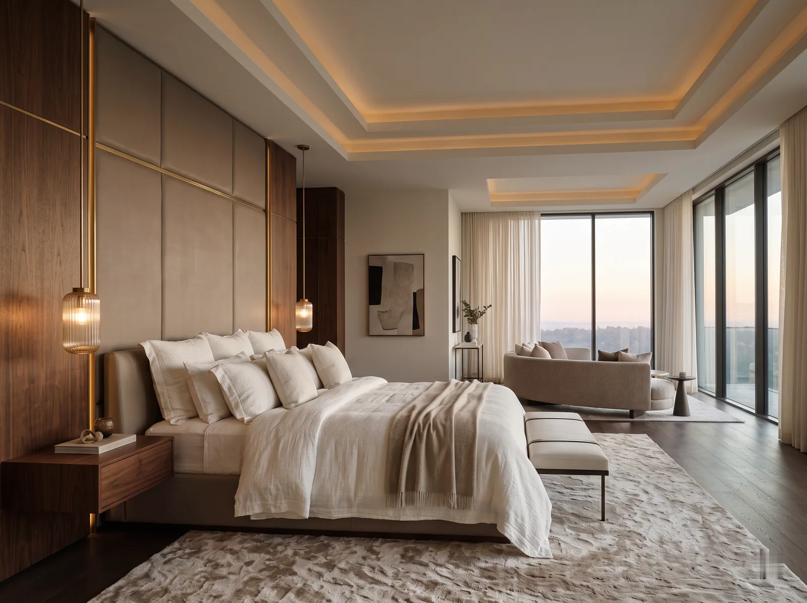 The Luxury Master Suite: A leather-and-walnut headboard wall, a lounge corner and a glowing cove ceiling.