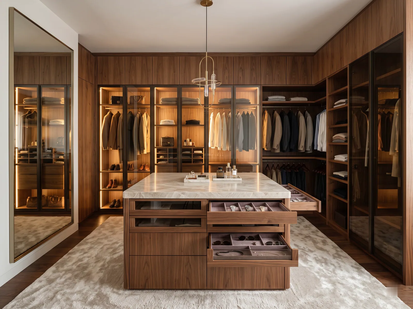 The Walk-in Wardrobe: A boutique-style room of lit glass cabinets around a central island.
