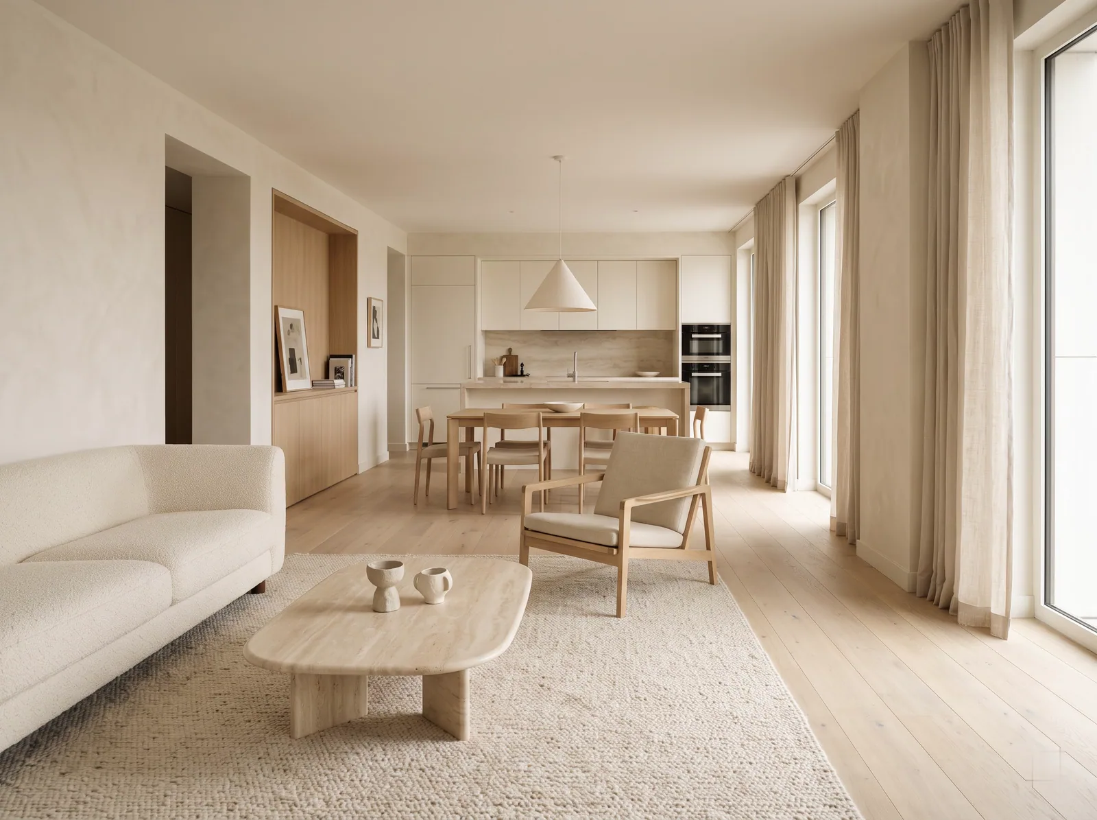 Warm Minimal: Calm ivory, light oak and soft daylight. Nothing more than you need.