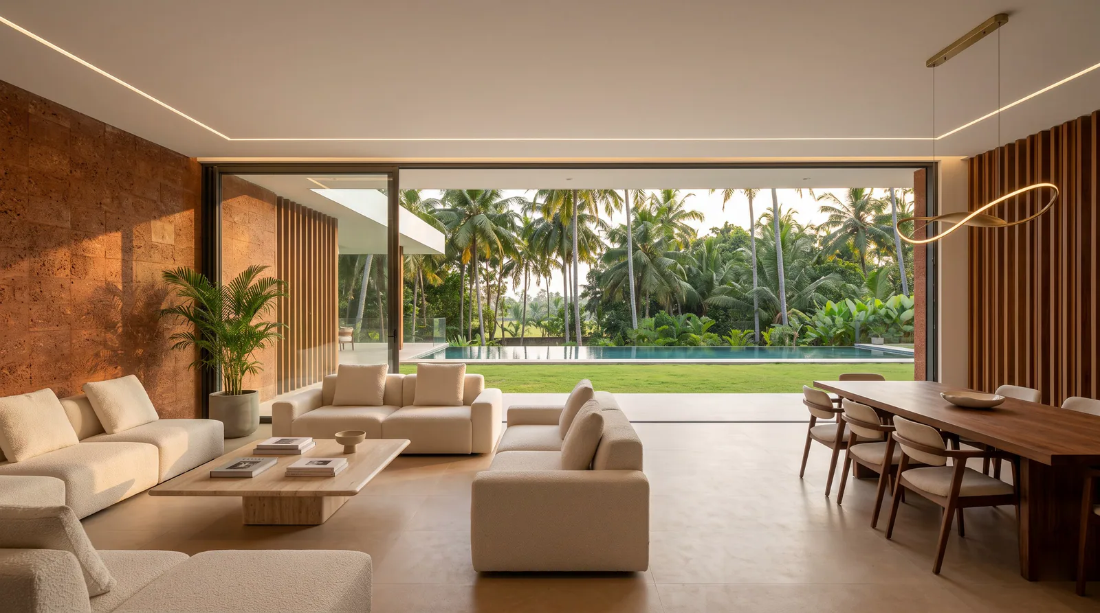 Open-plan living and dining in a contemporary villa with a laterite feature wall and a garden view
