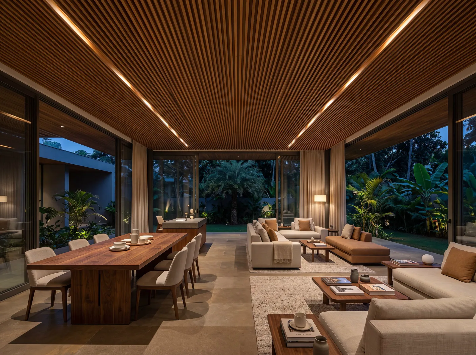 The Wooden Slat Ceiling: Warm teak slats with lines of light hidden between them.