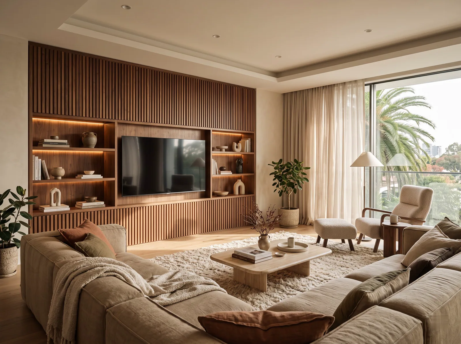 The Family Lounge: A deep sofa, a fluted media wall and open shelves, made for everyday living.