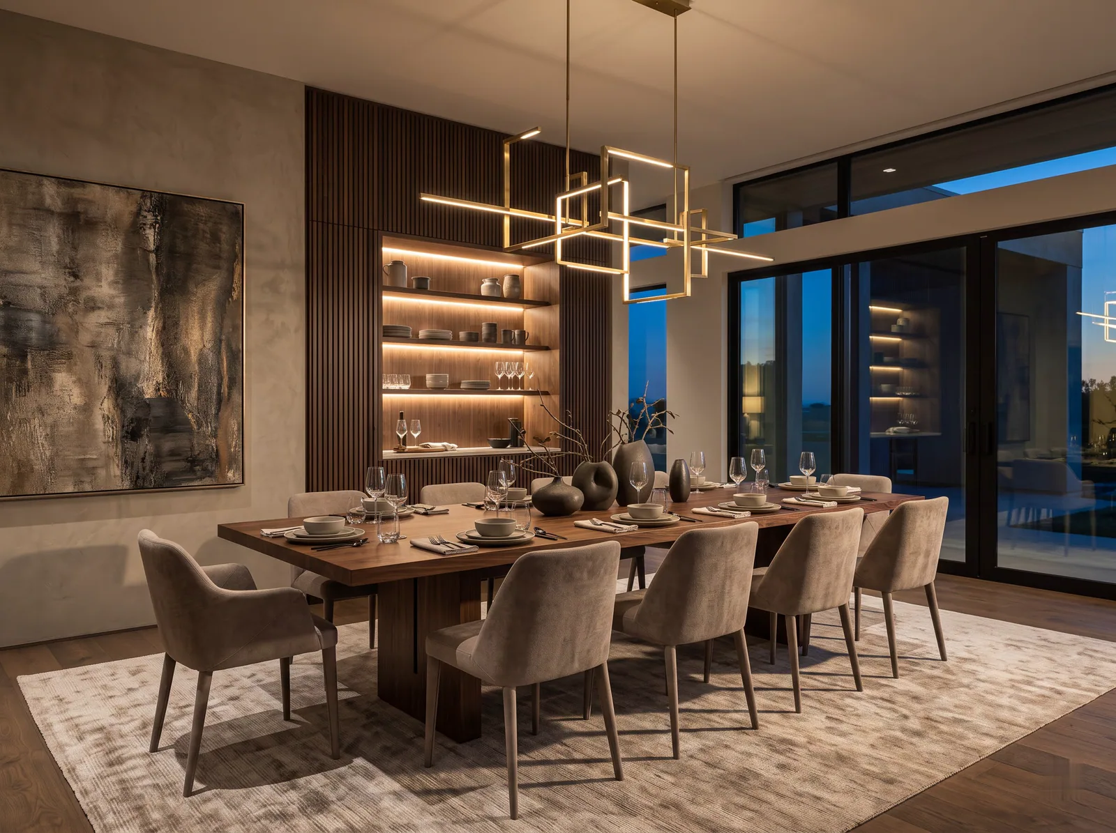 The Formal Dining Room: Dinner for eight under a sculptural brass chandelier.