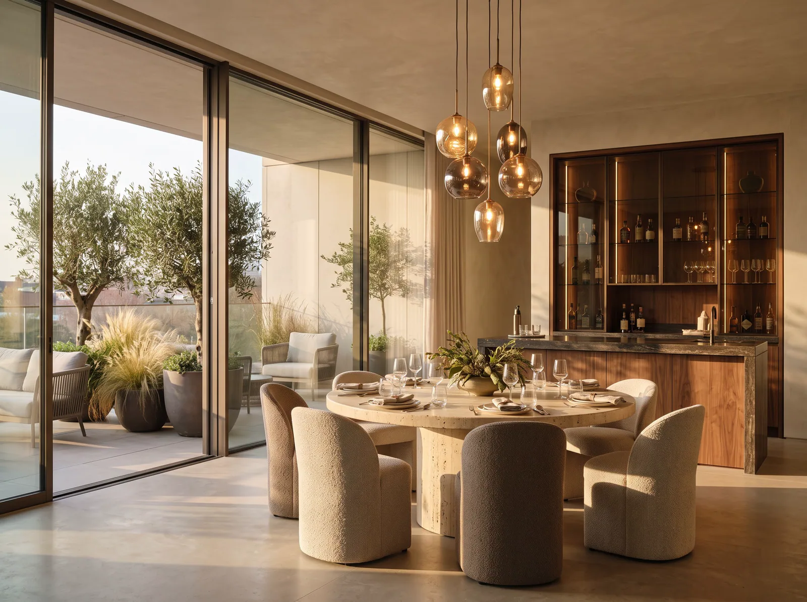 The Open Dining & Bar: A round table beside a backlit bar, made for entertaining.