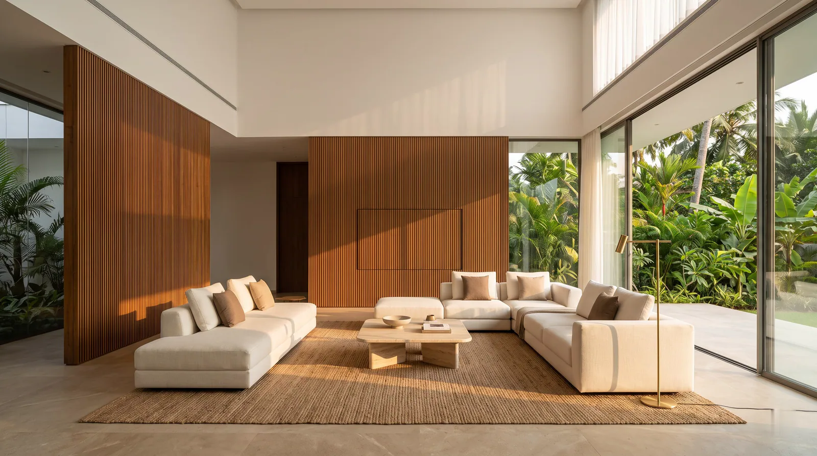 Double-height living room with ivory sofas and a teak slatted wall