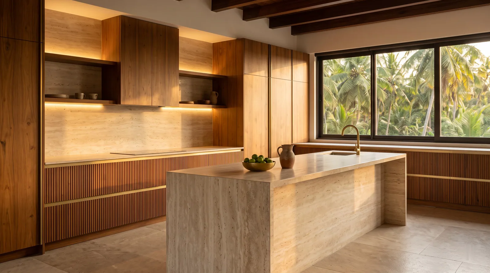 Luxury modular kitchen with a travertine island and teak cabinetry